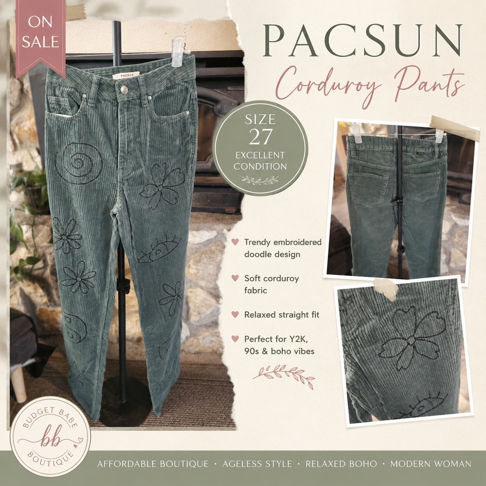 PacSun Sage Green Corduroy 90s Boyfriend Jeans Embroidered Doodle Pants 24